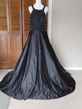 Sean Collection Beaded Black Satin Halter Ball Gown Sz 20